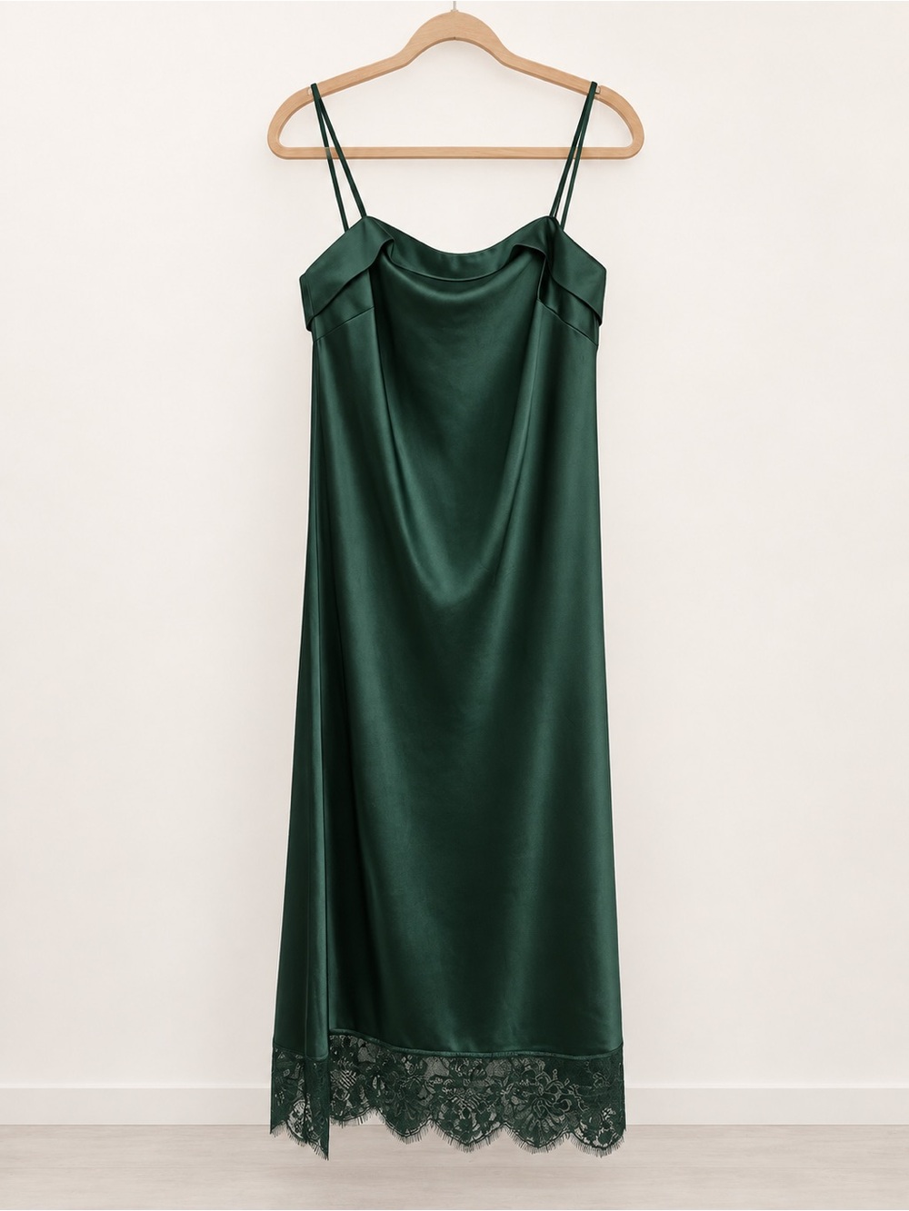 Crystal Doll Emerald Green Satin Slip Dress with Lace Trim